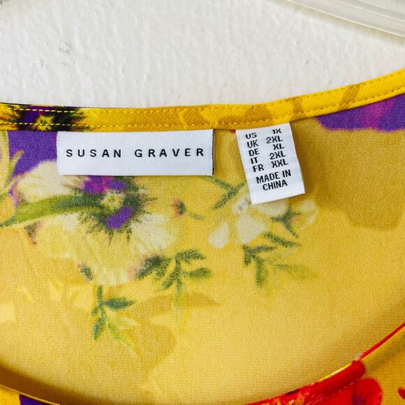 Susan Graver Liquid Knit Yellow Floral top size 1X - Picture 2 of 9